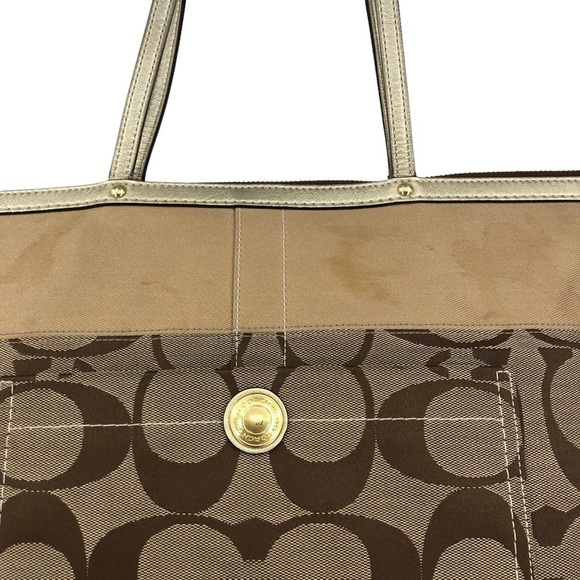 Coach Zippered East West Tote Bag Signature C Print Brown /Tan Gold Leather Trim - Picture 9 of 10